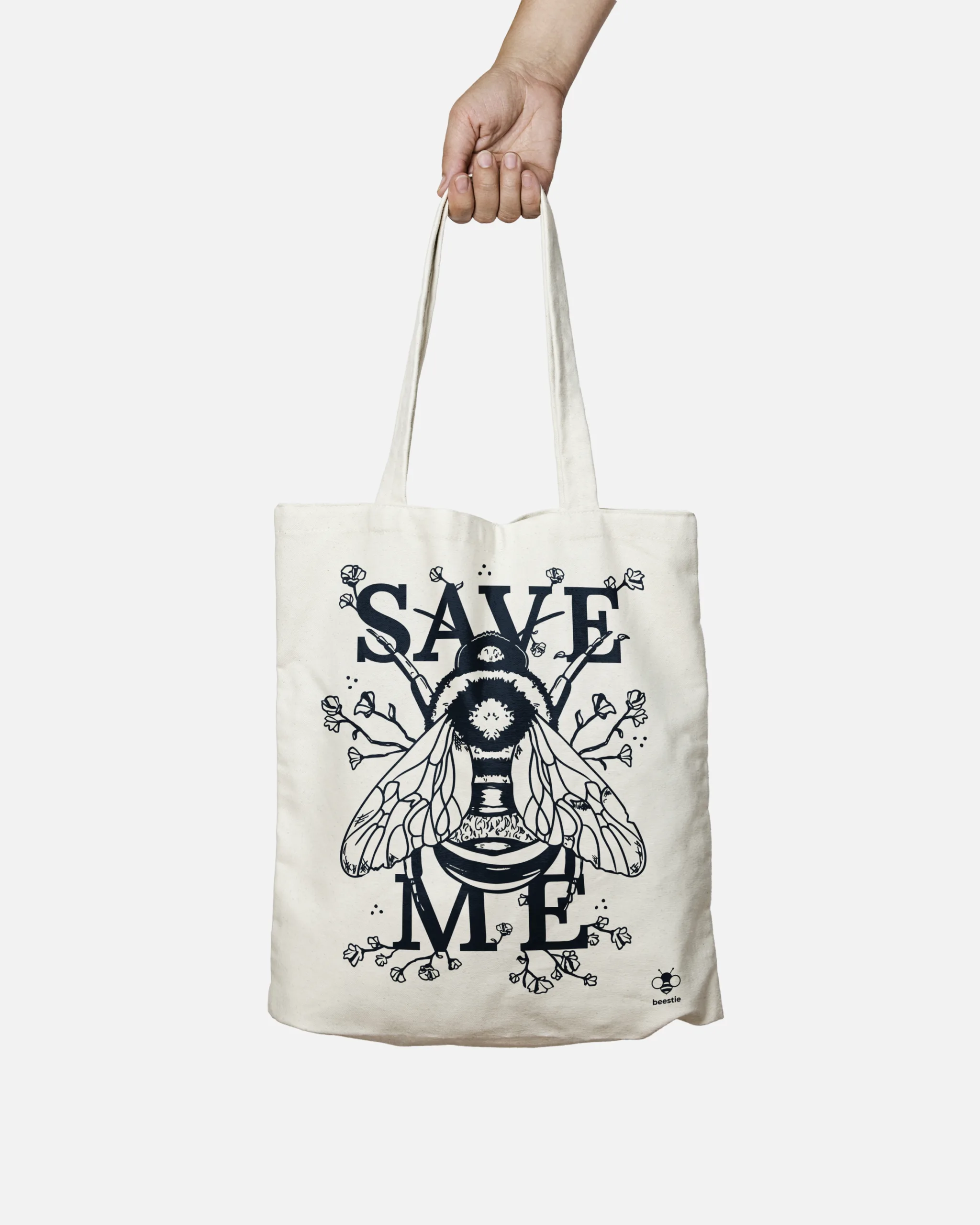 Tasche mit langen Henkeln mit Aufdruck einer Biene und dem Text Save Me